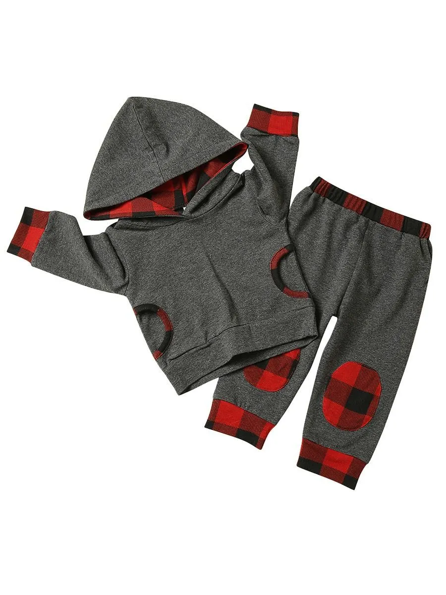 2-Piece Baby Clothes Outfits Set Long-sleeved Hoodie   Checked Pants