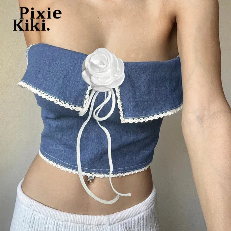 3d Flower Applique Halterneck Backless Camisole Tops for Women Blue Denim Patchwork Going Out Tops Y2k Clothes P71CZ12