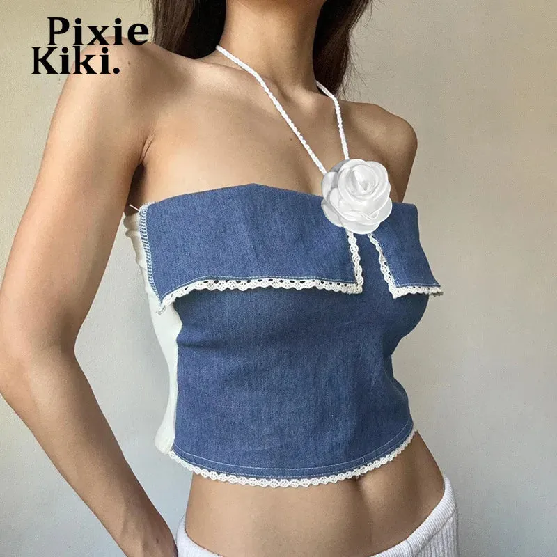 3d Flower Applique Halterneck Backless Camisole Tops for Women Blue Denim Patchwork Going Out Tops Y2k Clothes P71CZ12