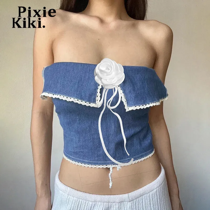 3d Flower Applique Halterneck Backless Camisole Tops for Women Blue Denim Patchwork Going Out Tops Y2k Clothes P71CZ12