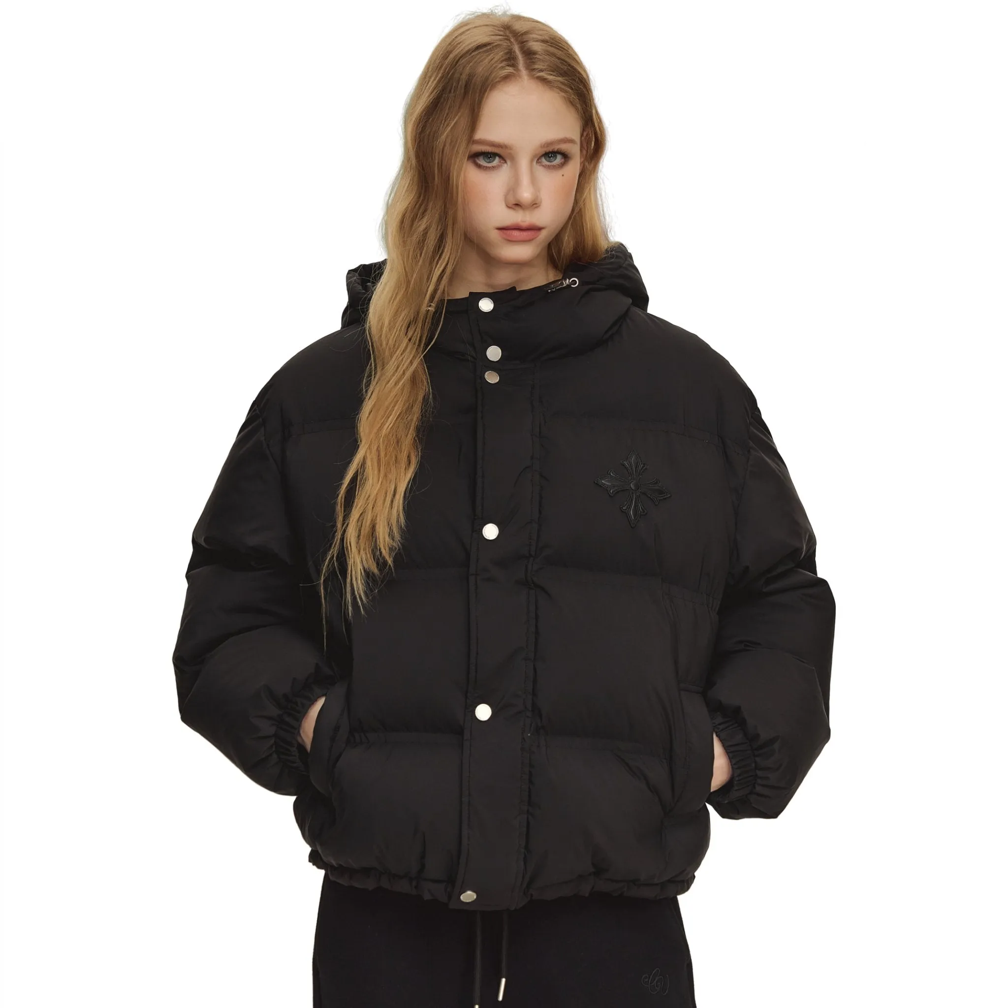 Black Embroidered Hooded Warm Puffer Jacket