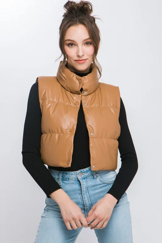 Black Faux Leather Sleeveless Puffer Crop Jacket