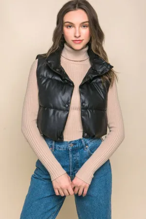 Black Faux Leather Sleeveless Puffer Crop Jacket