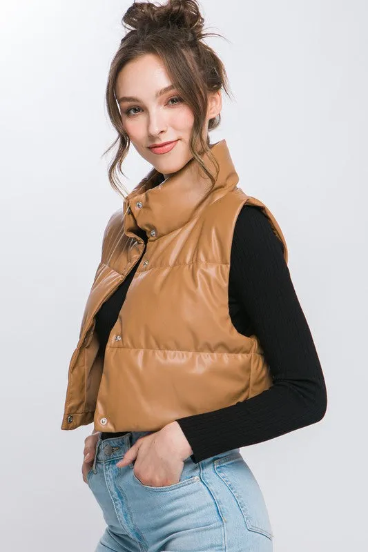 Black Faux Leather Sleeveless Puffer Crop Jacket