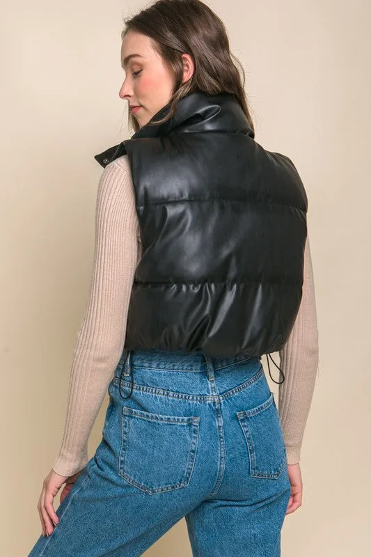 Black Faux Leather Sleeveless Puffer Crop Jacket