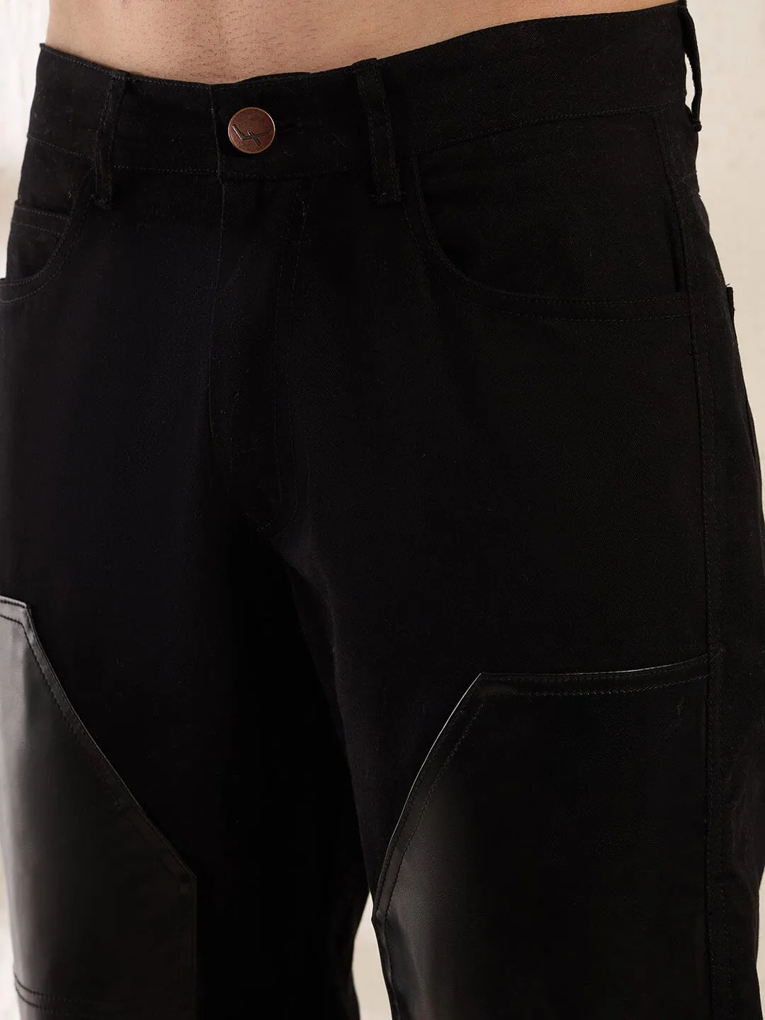 Black Leather Patched Flared Trousers