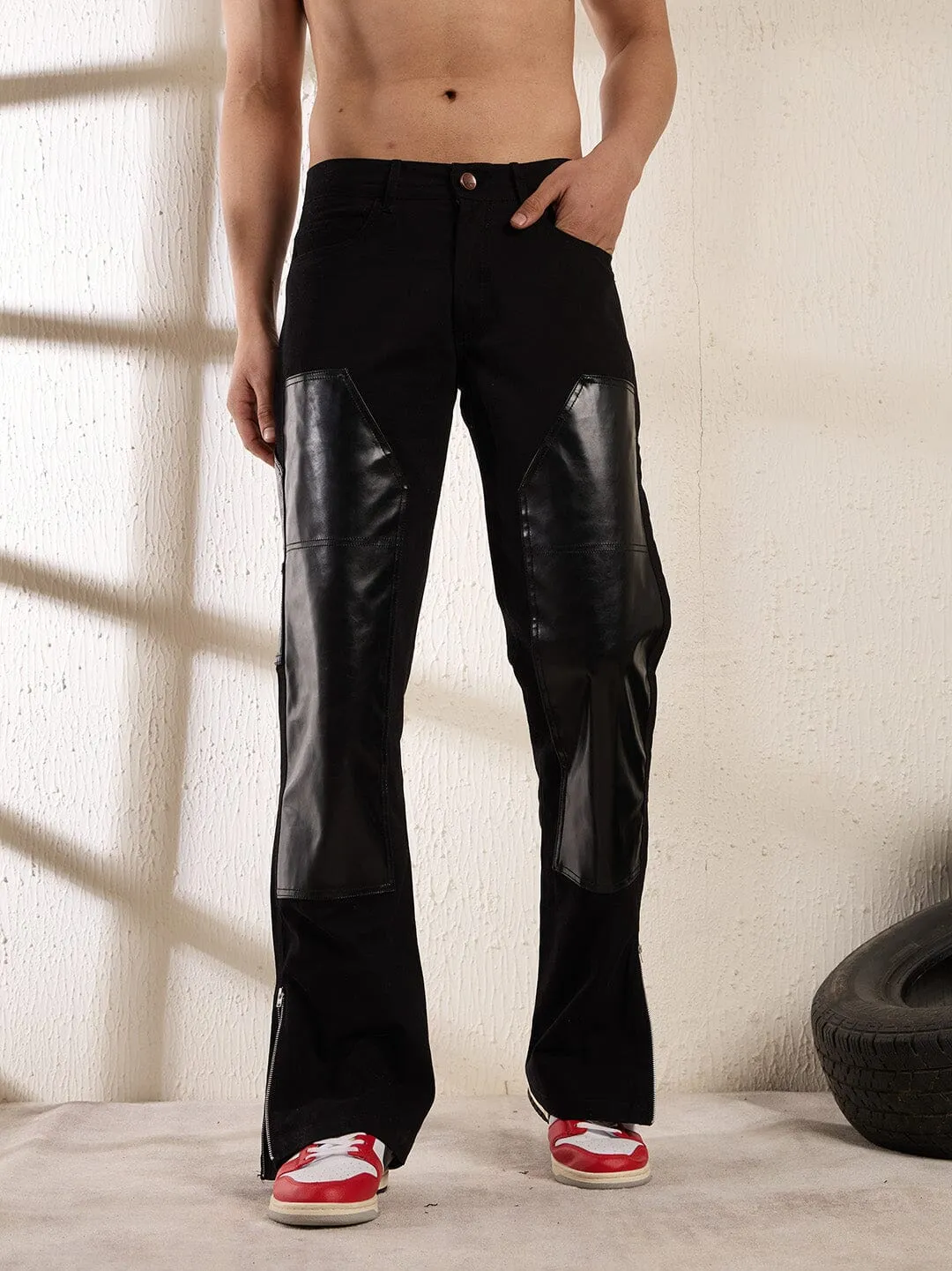 Black Leather Patched Flared Trousers