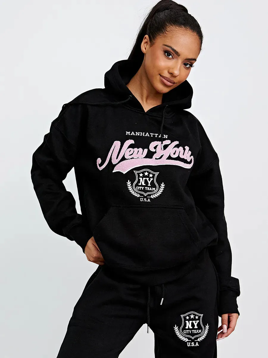 Black Towelling Embroidered New York Hooded Fleece Loungewear Set