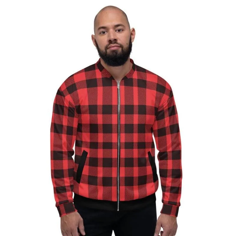 Bomber Jacket For Men, Red And Black Plaid Colorblock Pattern