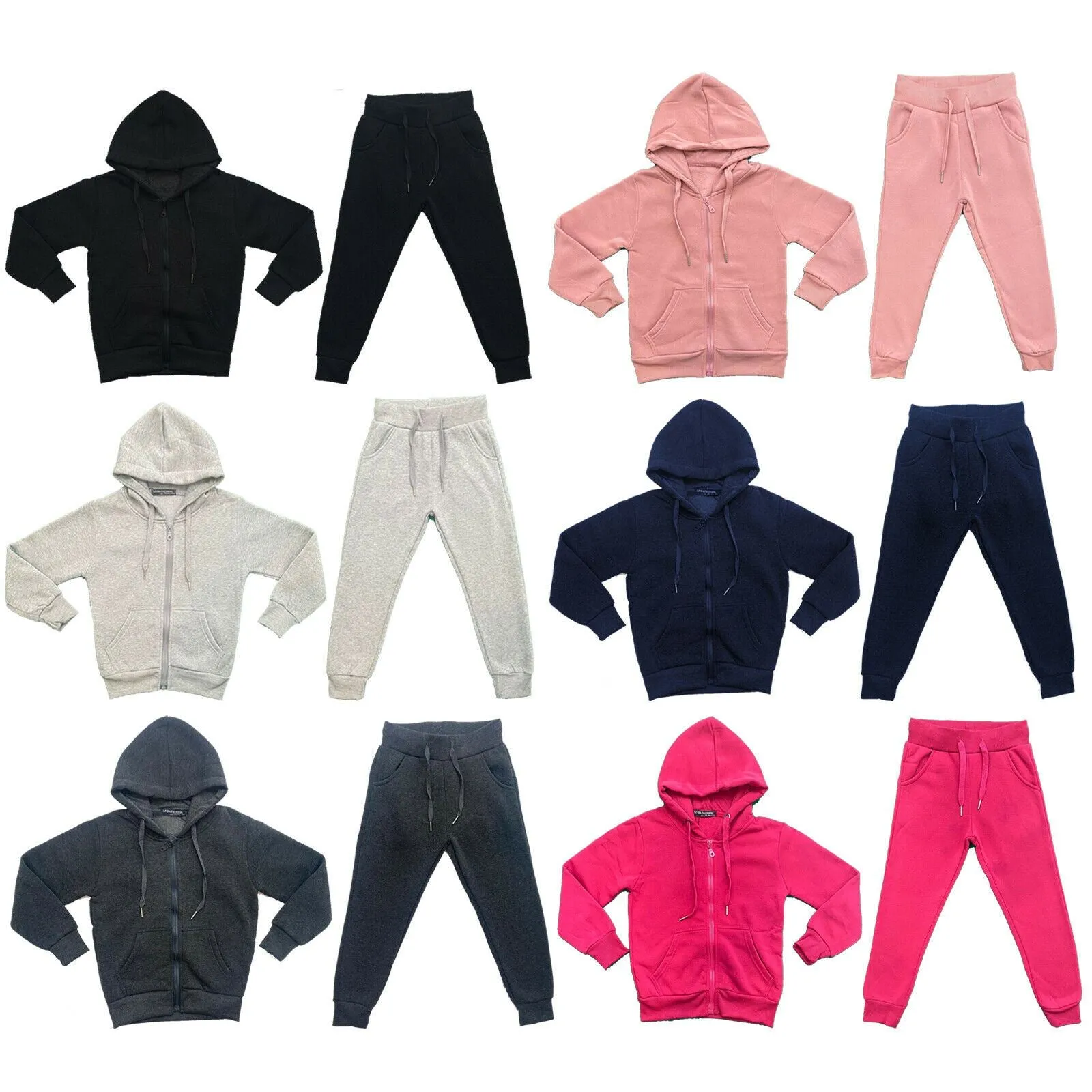 Boys Girls Kids Plain Fleece Tracksuit Joggers Hoodie Jogging Bottoms School PE