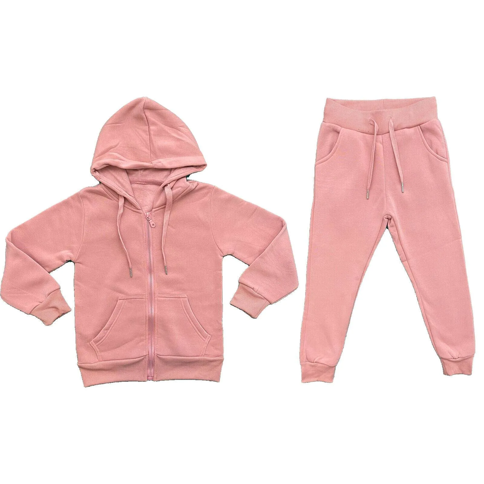 Boys Girls Kids Plain Fleece Tracksuit Joggers Hoodie Jogging Bottoms School PE