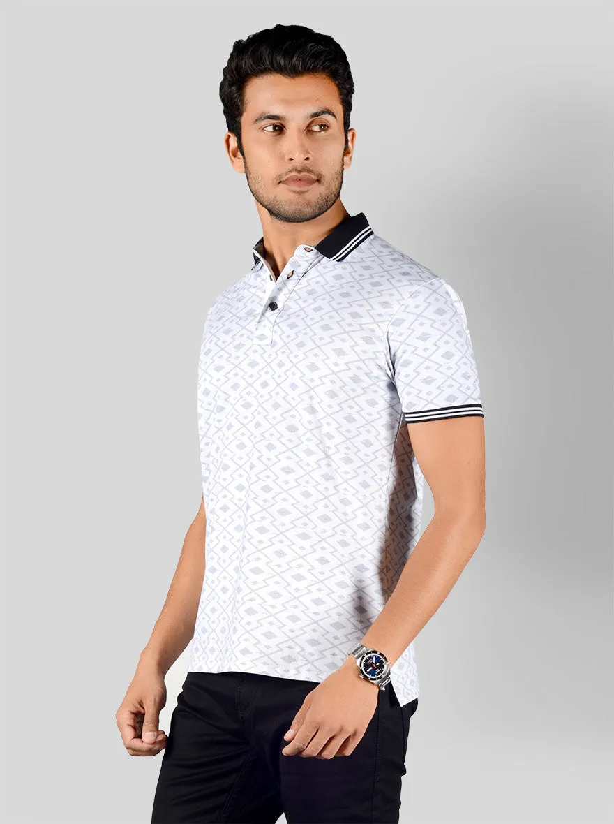 Bright White Printed Slim Fit Polo T-shirt | JadeBlue