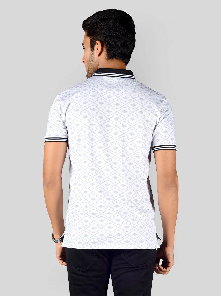 Bright White Printed Slim Fit Polo T-shirt | JadeBlue