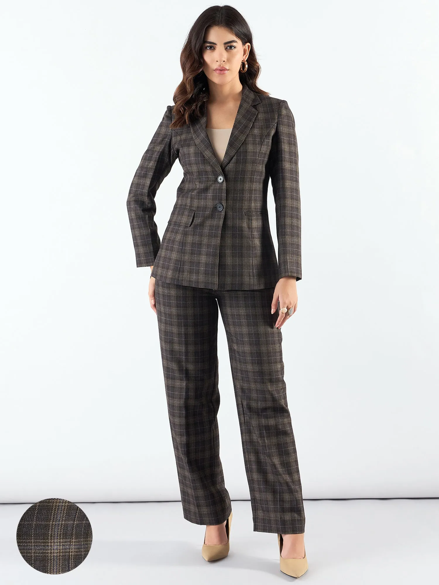 Brown Notched Lapel Tailored Fit Long Warm Checkered Blazer Paired With Trouser