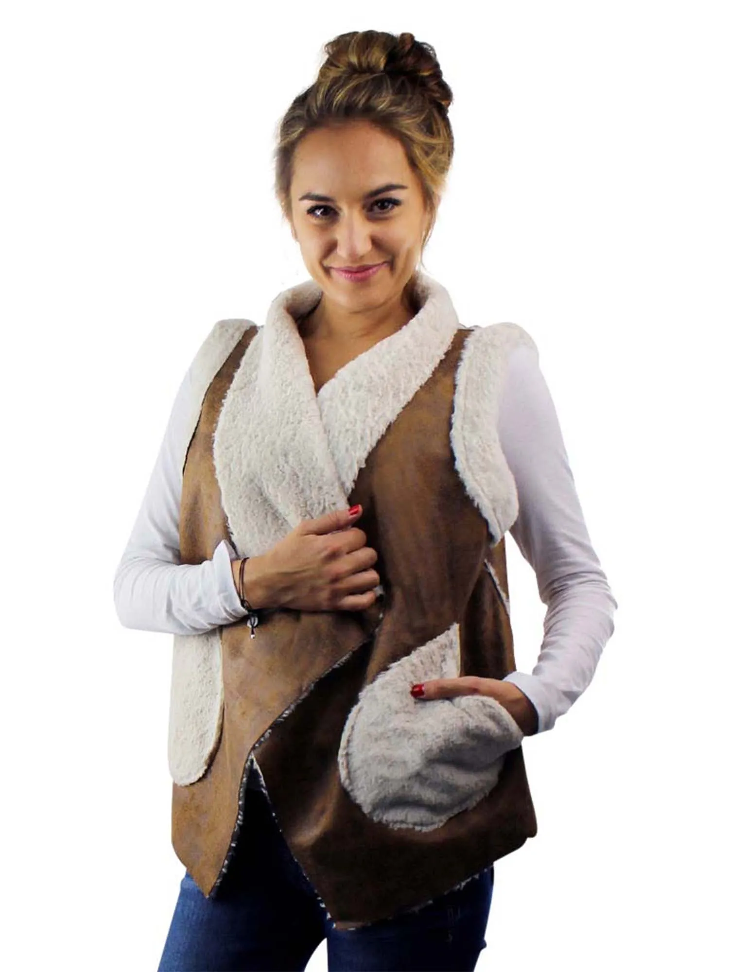 Brown Vegan Leather Shearling Lined Vest Size Medium/Large