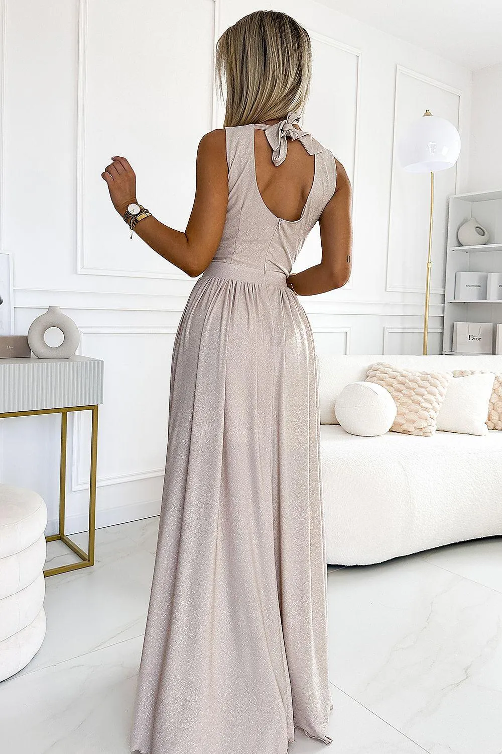 Chic Beige Brocade Maxi Gown with Alluring Side Slit by Numoco