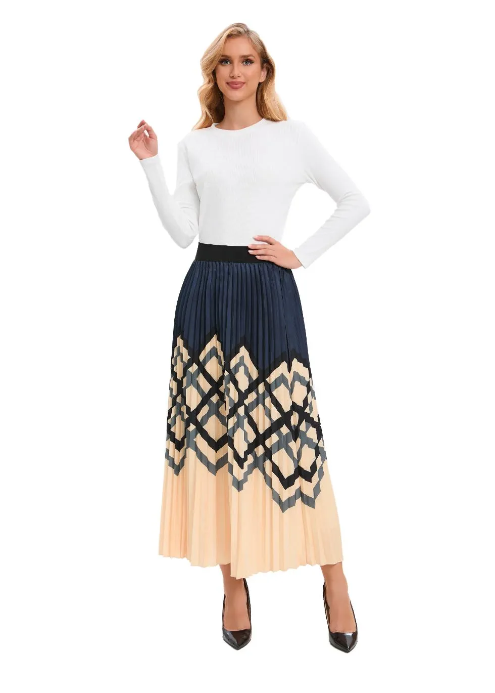 Chic Print Elastic Pleated Midi Skirt