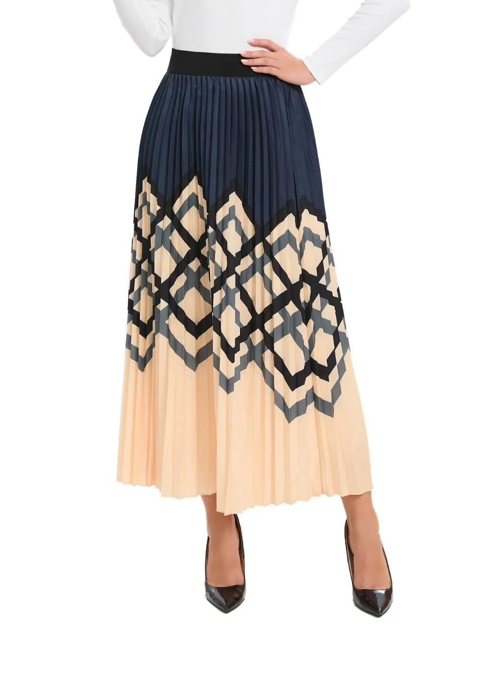 Chic Print Elastic Pleated Midi Skirt