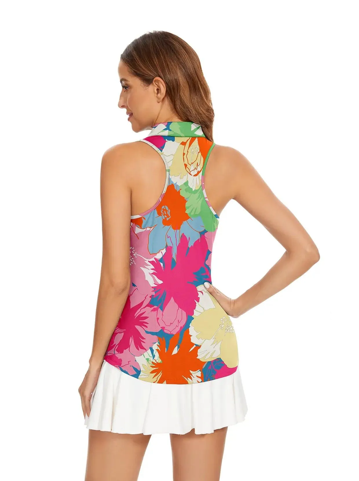 Colorful Floral Racerback Sleeveless Button-down Shirt for Women