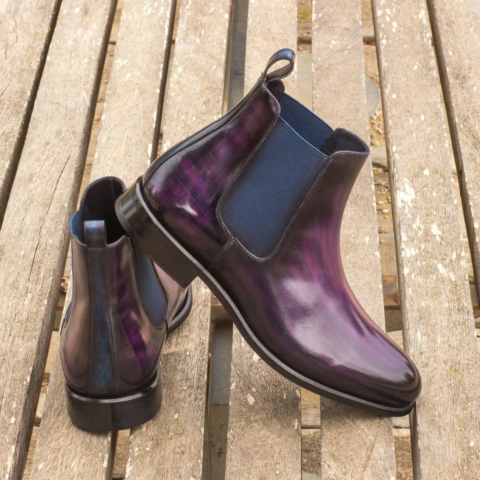 DapperFam Monza in Purple / Denim Men's Hand-Painted Patina Chelsea Boot