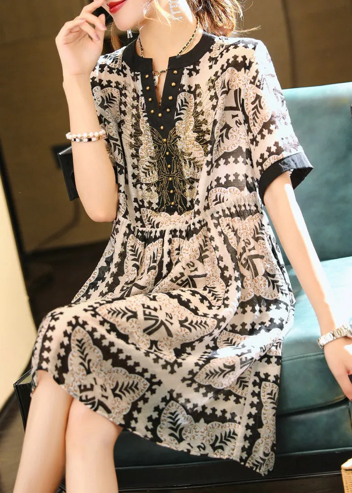 Elegant Black V Neck Print Vacation Chiffon Maxi Dresses Summer LY1486