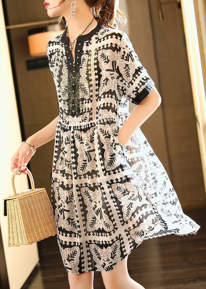 Elegant Black V Neck Print Vacation Chiffon Maxi Dresses Summer LY1486