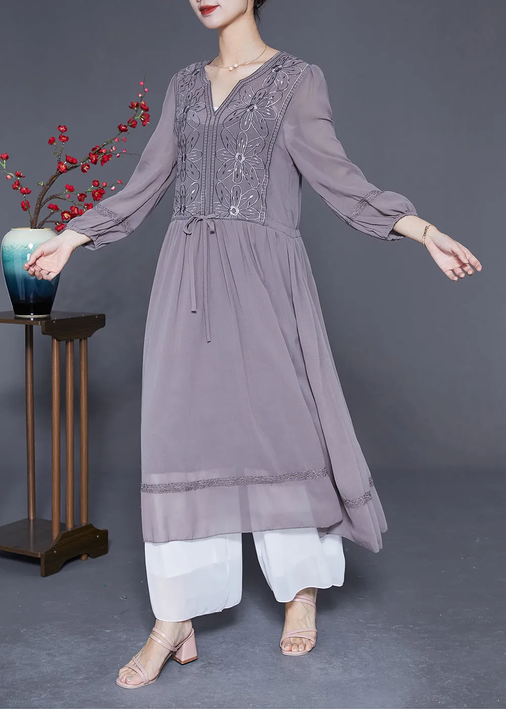 Elegant Grey Embroideried Tie Waist Silk Maxi Dresses Spring LY2861