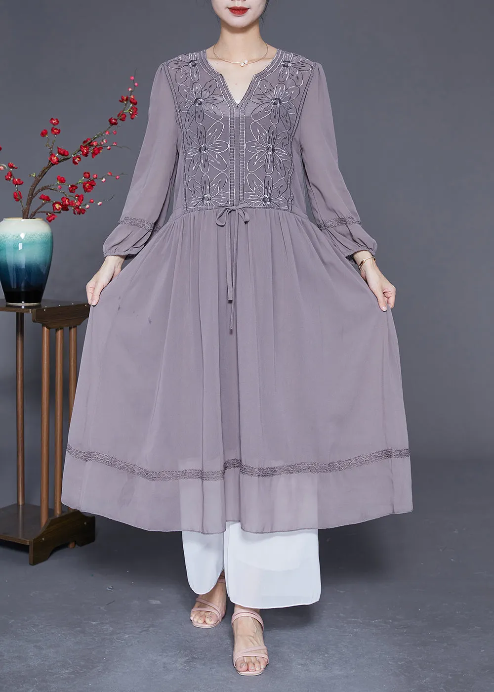 Elegant Grey Embroideried Tie Waist Silk Maxi Dresses Spring LY2861