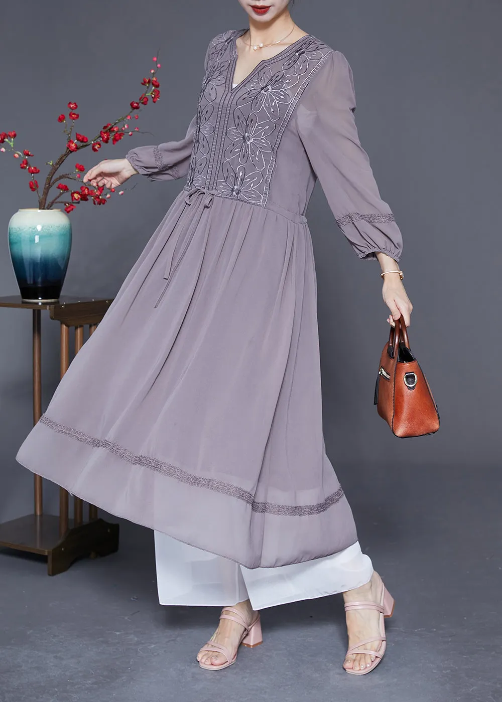 Elegant Grey Embroideried Tie Waist Silk Maxi Dresses Spring LY2861