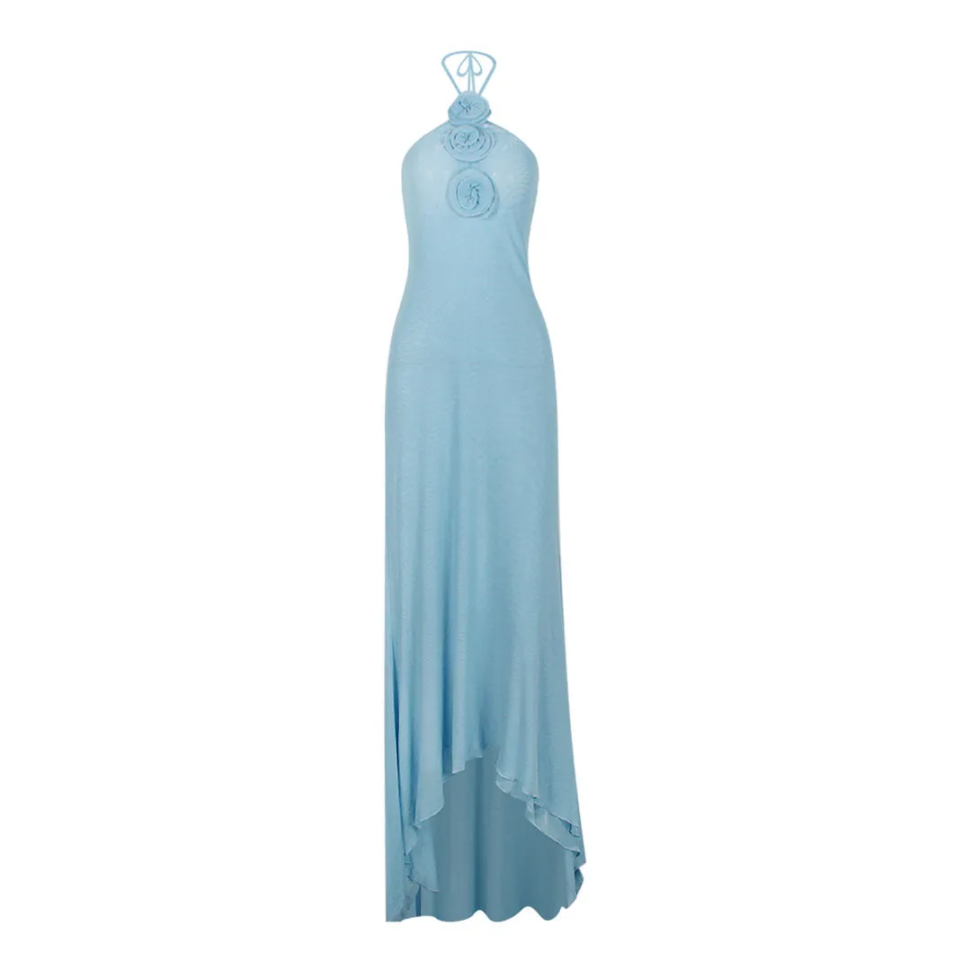 Elegant Halter Rosette Applique Layered High Low Sheer Mesh Fishtail Dress