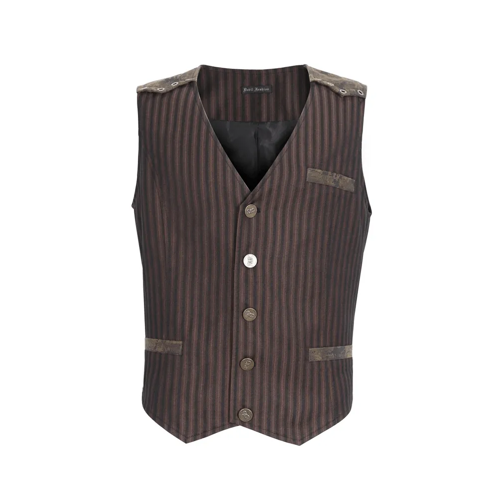 Elegant Pinstriped Men's Button-Up Brown Waistcoat