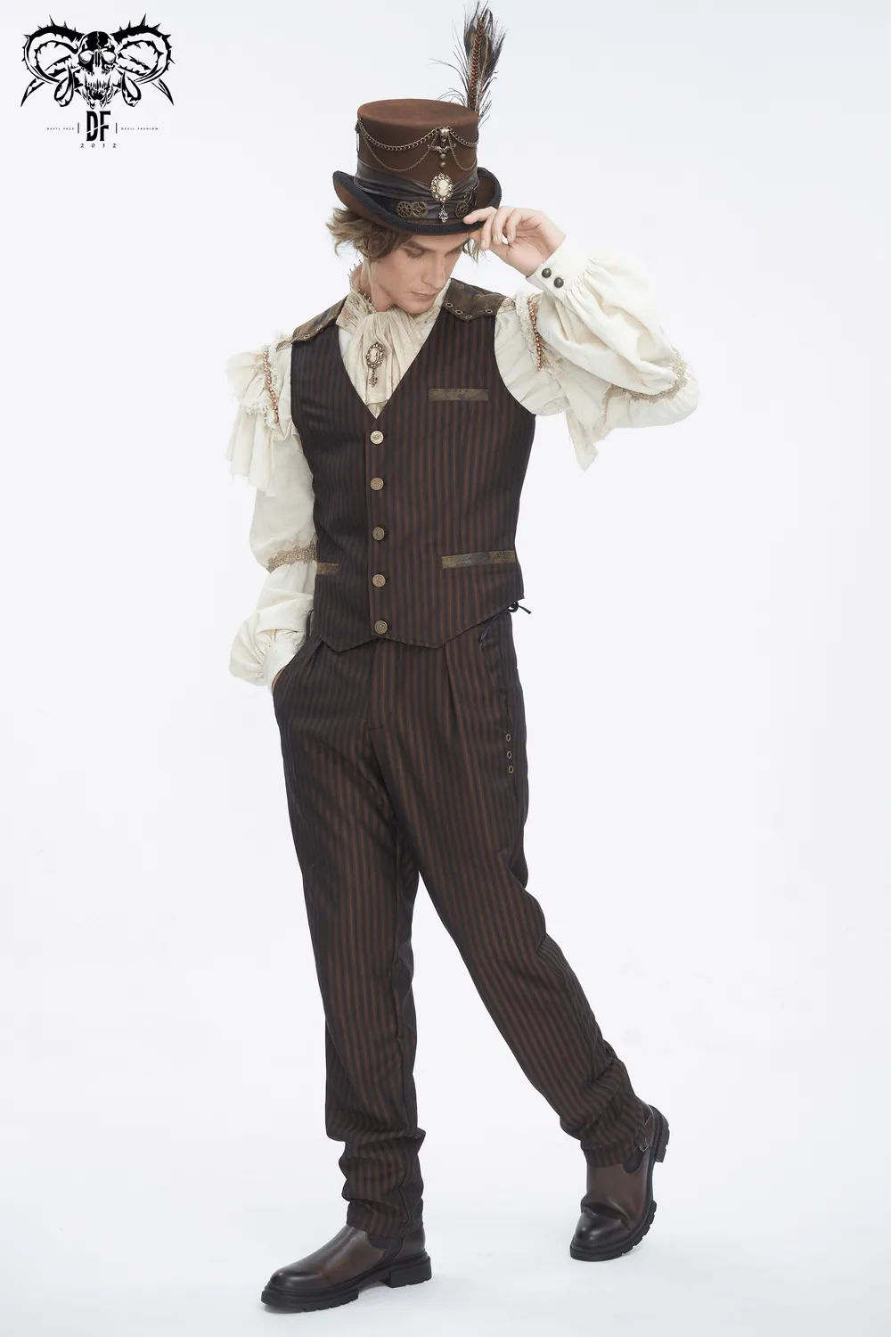 Elegant Pinstriped Men's Button-Up Brown Waistcoat