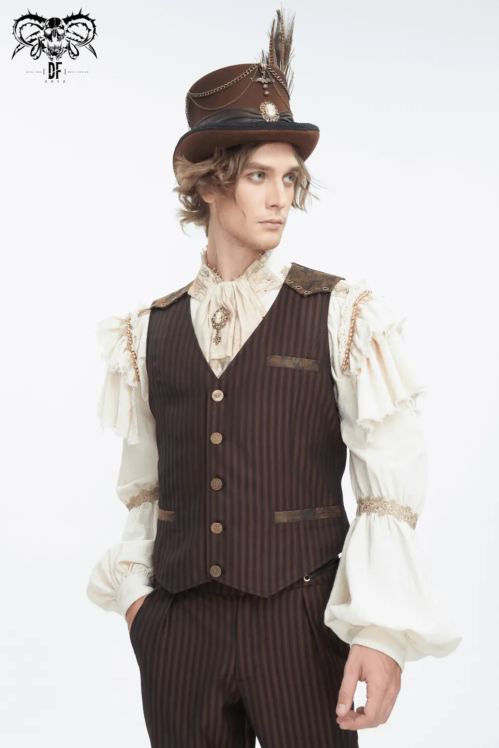 Elegant Pinstriped Men's Button-Up Brown Waistcoat