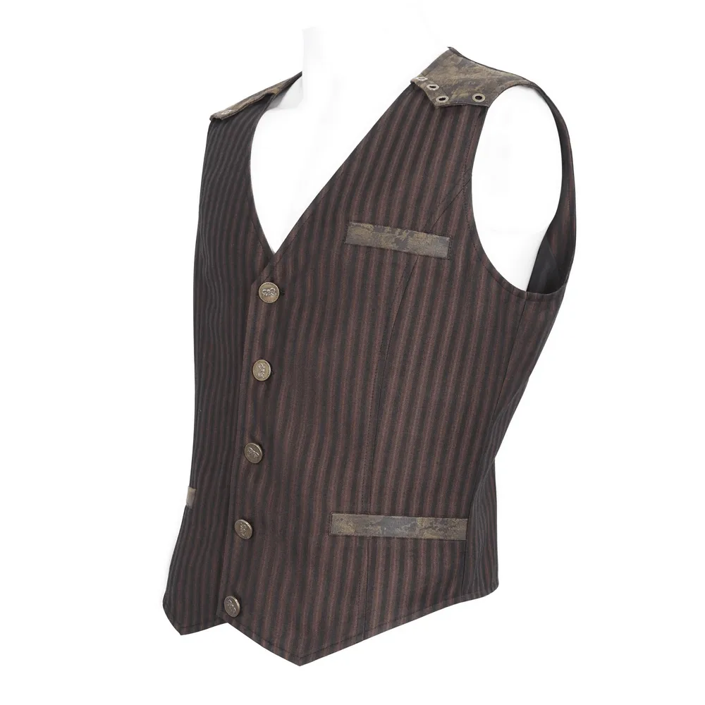 Elegant Pinstriped Men's Button-Up Brown Waistcoat