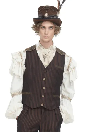 Elegant Pinstriped Men's Button-Up Brown Waistcoat