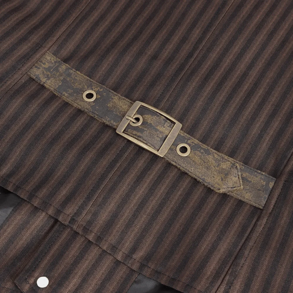 Elegant Pinstriped Men's Button-Up Brown Waistcoat