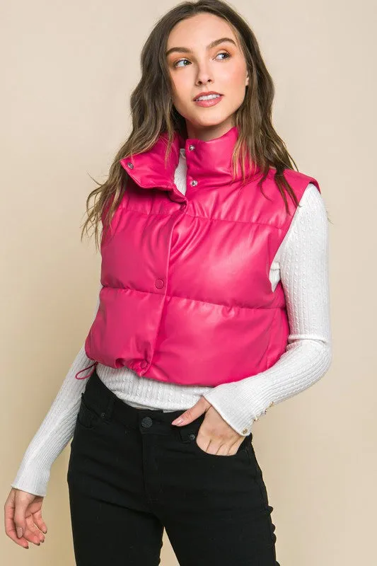 Explore More Collection - Faux Leather puffer West With Snap Button