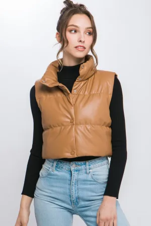 Explore More Collection - Faux Leather puffer West With Snap Button