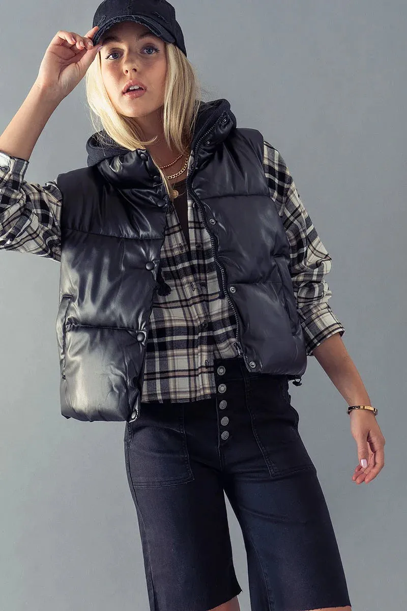 FAUX LEATHER CROPPED PUFFER VEST