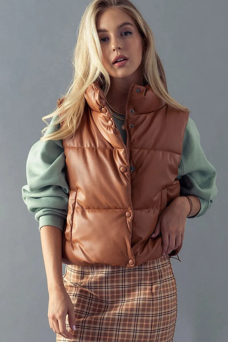 FAUX LEATHER CROPPED PUFFER VEST