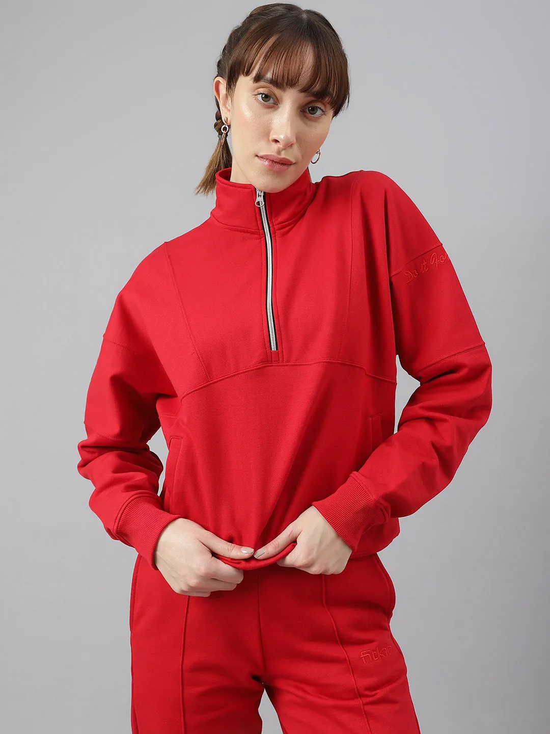 Fitkin Women Red Regular Fit Fleece Tracksuit