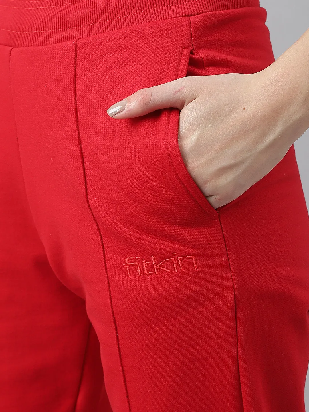 Fitkin Women Red Regular Fit Fleece Tracksuit