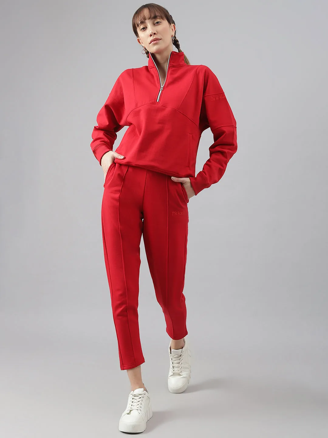 Fitkin Women Red Regular Fit Fleece Tracksuit