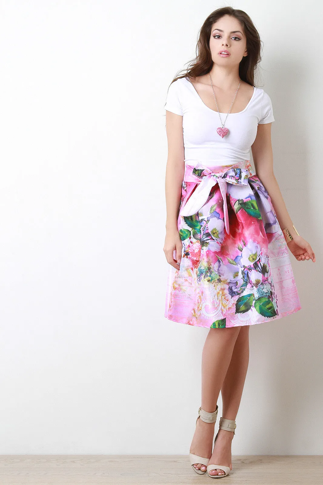 Floral Taffeta Bow Pleated Midi Skirt