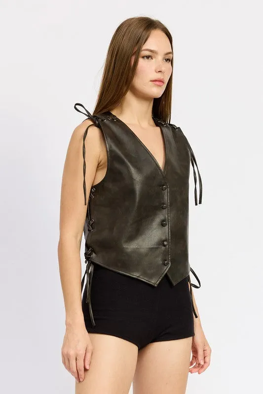 Harvest Style Button Front Vegan Leather Vest Top