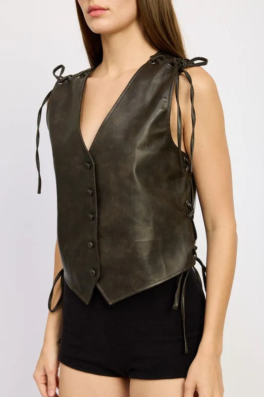 Harvest Style Button Front Vegan Leather Vest Top