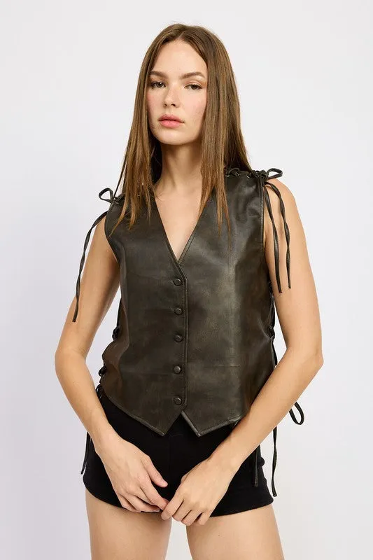 Harvest Style Button Front Vegan Leather Vest Top