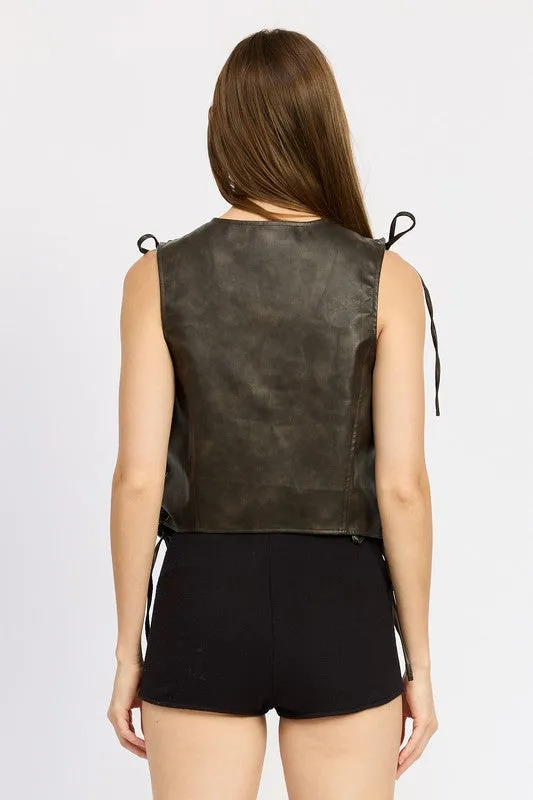 Harvest Style Button Front Vegan Leather Vest Top