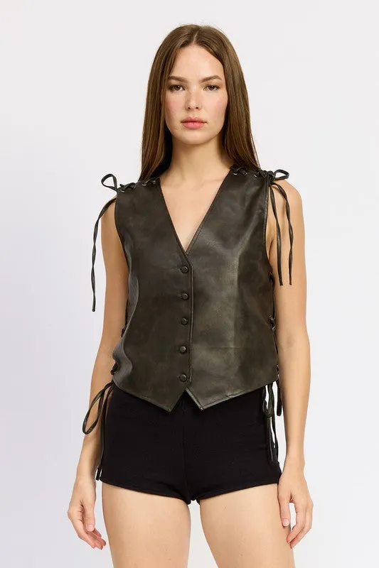 Harvest Style Button Front Vegan Leather Vest Top