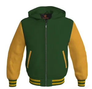 Hoodie Jackets Forest Green Body and Gold Leather Sleeves Bomber Jacket